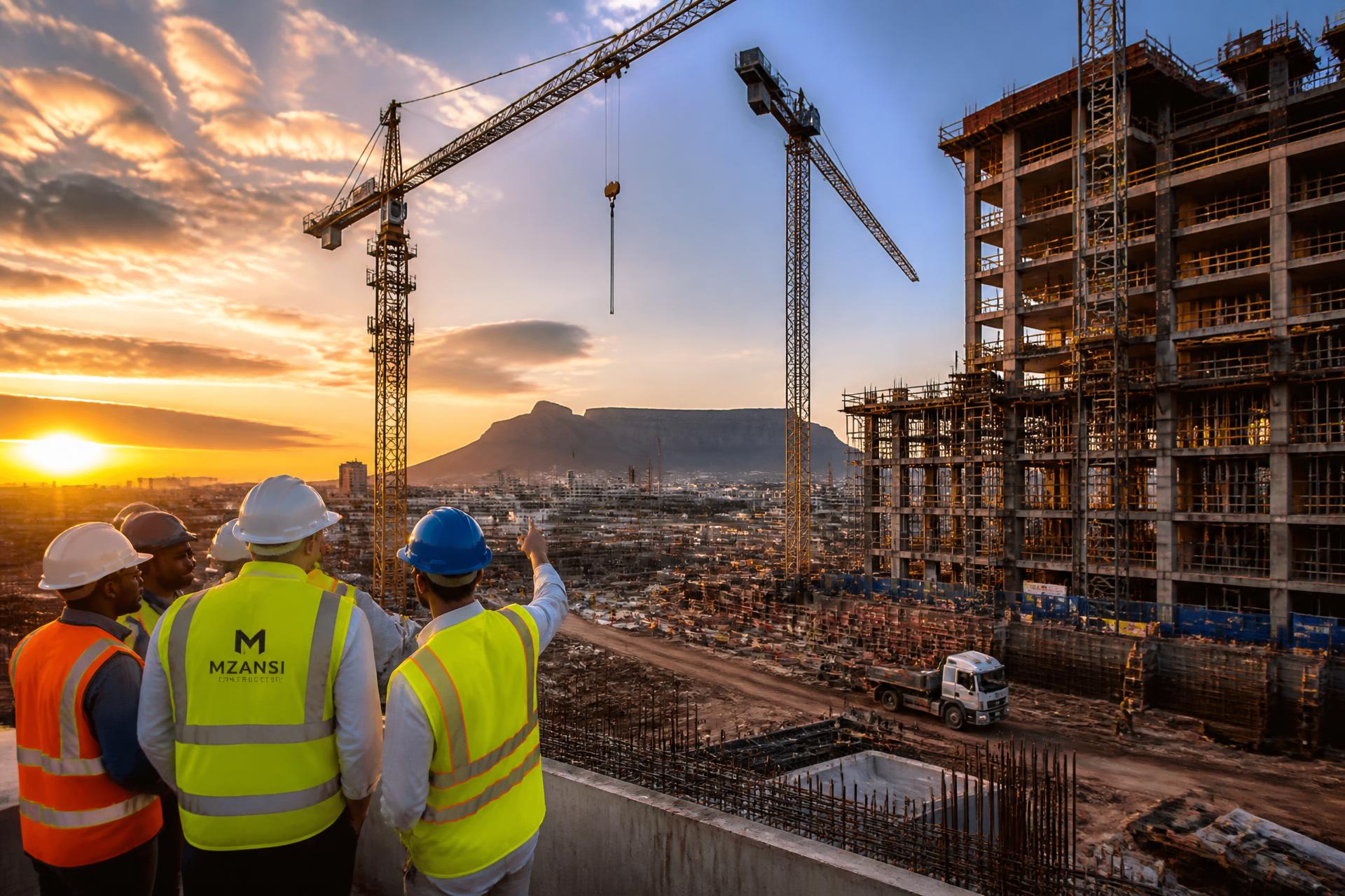 Engineers overseeing an active construction site with tower cranes at sunset