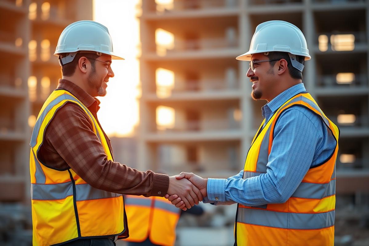 Two site professionals coordinating on an active construction site